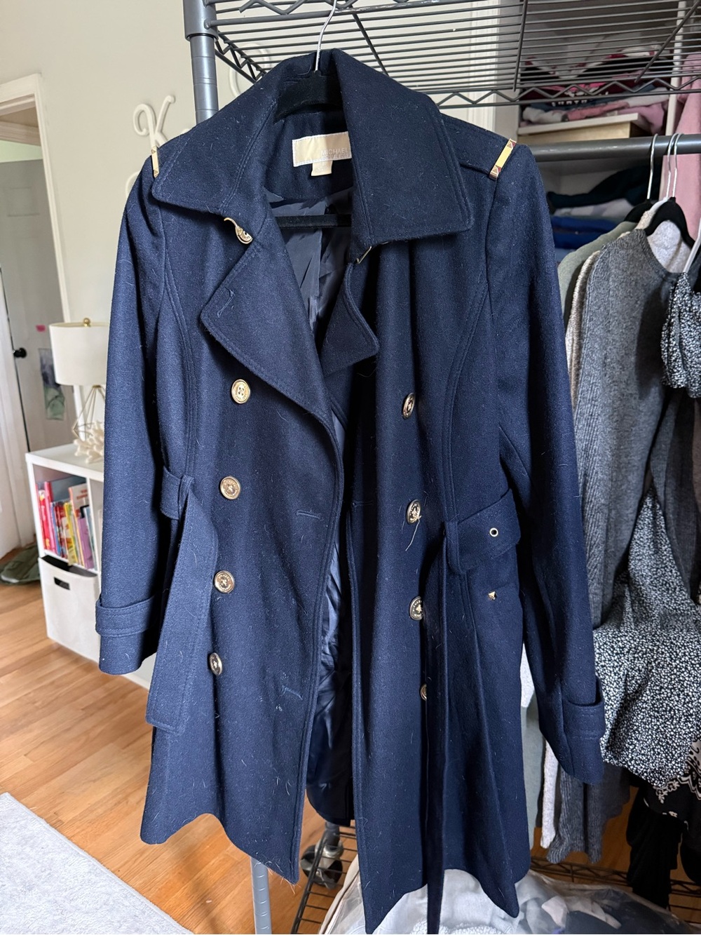 Michael Kors Navy Double-Breasted Trench Coat with Gold Buttons